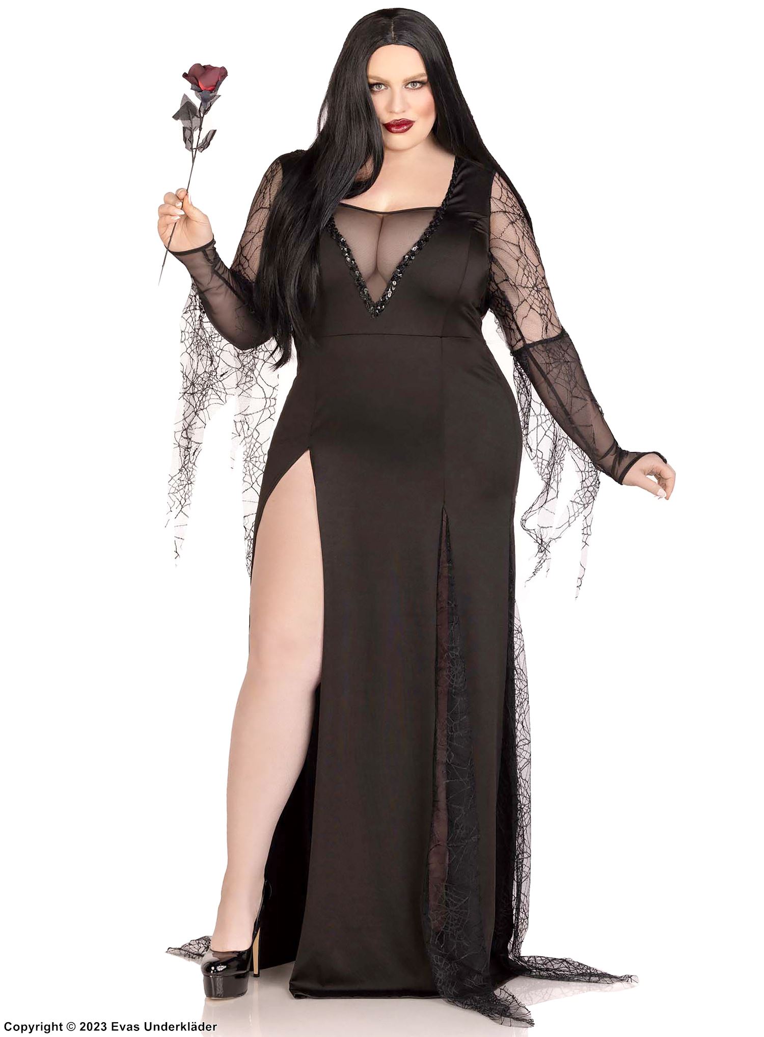 Morticia from The Addams Family, costume dress, sequins, long sleeves, high slit, plus size
